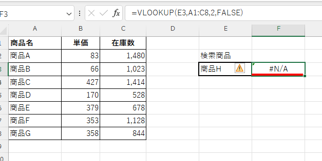 VLOOKUP関数でエラー値が発生した画像