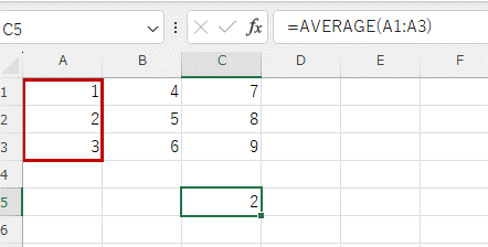 =AVERAGE(A1:A3)という式を入力した画像