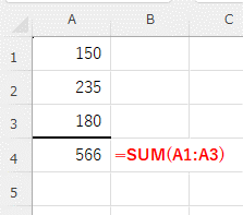 A列の数値をSUM関数で合計した画像