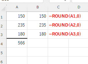 B列にROUND関数を入力した画像
