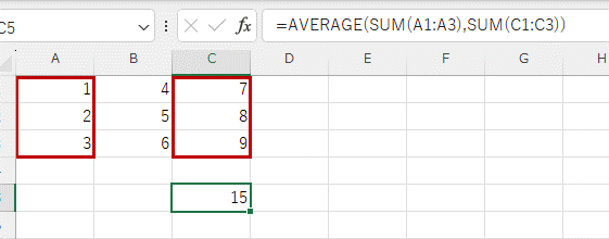 =AVERAGE(SUM(A1:A3),SUM(C1:C3))という式を入力した画像