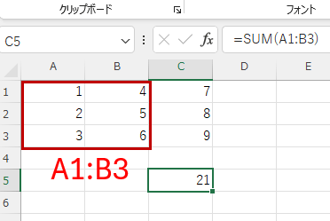 =SUM(A1:B3)という式を入力した画像
