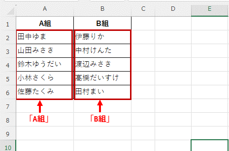 「A組」「B組」という名前を定義された表