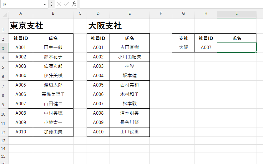 「東京支社」「大阪支社」という2種の社員名簿の画像