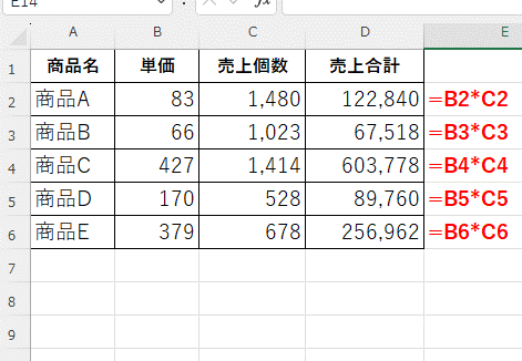 売上合計の数式が完成した画像