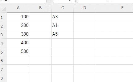 A列に数値、C列にセル番地をあらわす文字列が入力された画像