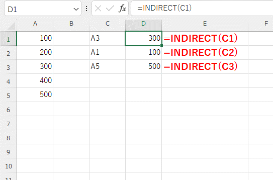 C列の文字列を参照して、INDIRECT関数でA列を参照している画像