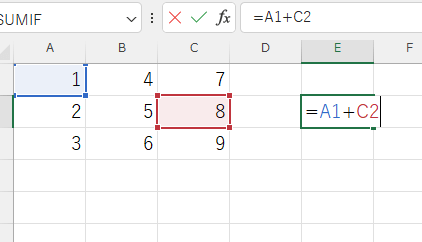 E2セルに「=A1+C2」と数式を入力した画像