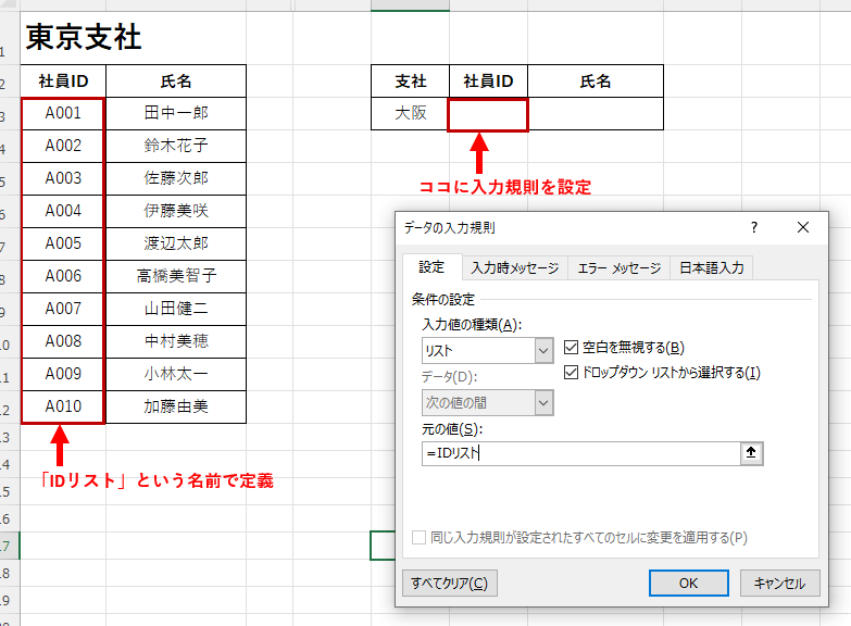 名前付けしたセル範囲を入力規則のリストに設定している画像