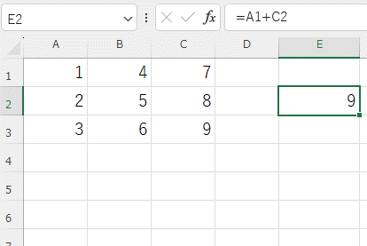 E2セルに「=A1+C2」という数式が入力された画像