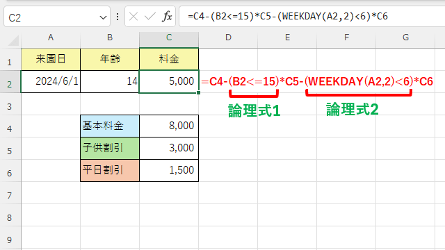 「来園日」「年齢」に応じた「料金」を数式で入力した画像