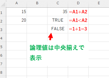 中央揃えで表示される論理値