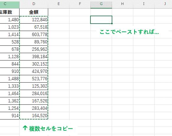 複数セルをコピーして、ペーストするセルを一つ選択した画像