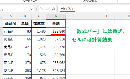 「数式バー」に数式、セルに計算結果が表示される