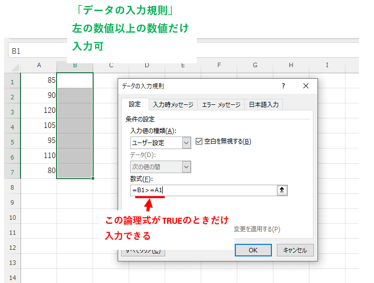 入力規則のダイアログに論理式を入力した画像