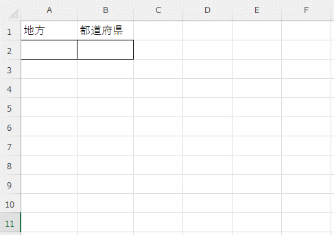 「地方名」と「都道府県名」のリスト設定