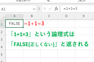 「=1+1=3」という論理式が入力され、結果として「FALSE」が返された画像