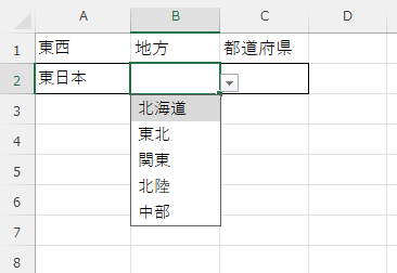 a2セルの値に連動して、b２セルのリスト候補が変化する画像