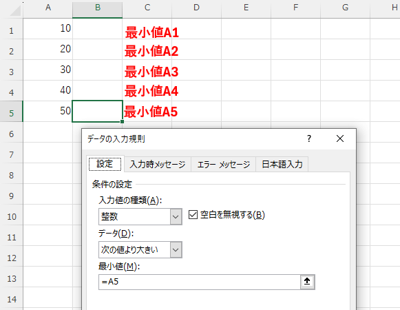 b1セルの入力規則が相対参照でb5までコピーされた画像