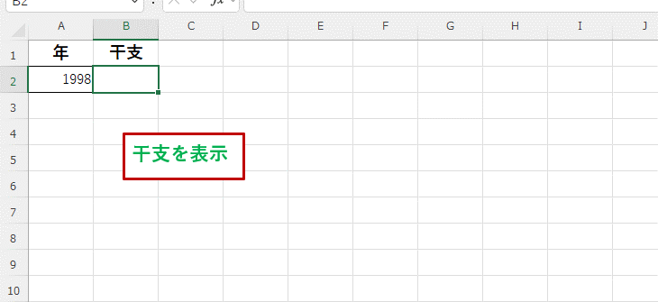 A2セルに年数、B2セルにその干支を表示させようとしている画像
