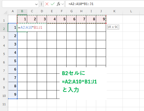 B2セルに、=A2:A10*B1:J1という数式を入力