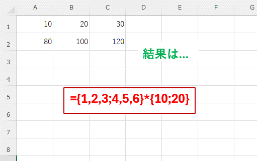 ={1,2,3;4,5,6}*{10;20}という数式を入力した結果