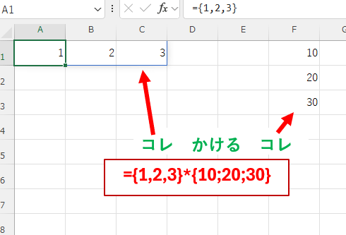 ヨコ１行とタテ１列の配列をかけ算する