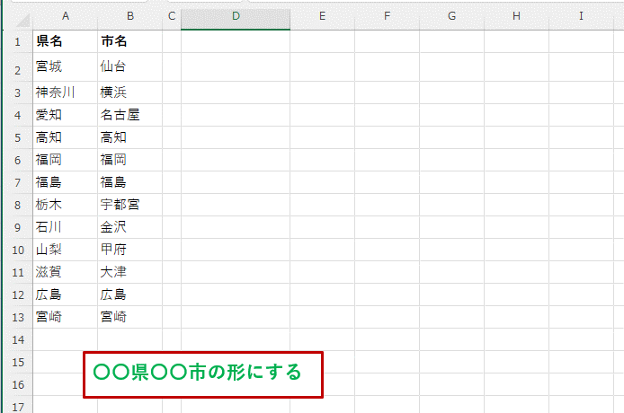 県名と市名が入力された表の画像