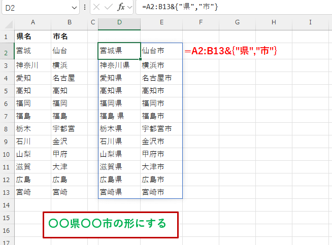 県名に"県"の文字、市名に"市"の文字を結合した2次元配列の画像