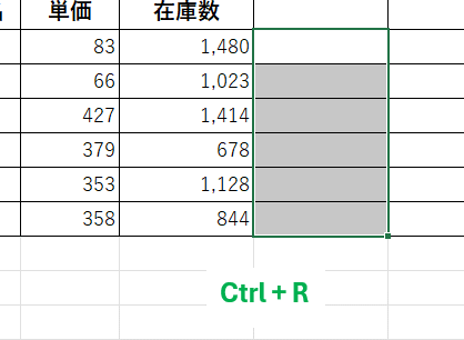 Ctrl + R で、左のセルをコピーする画像