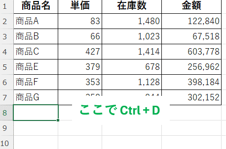 「Ctrl + D」で上のセルをコピーしようとしている画像