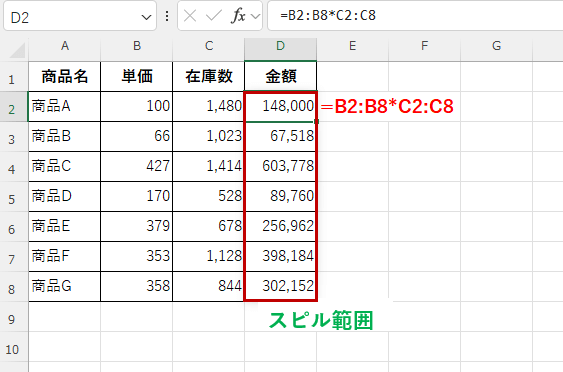 スピルによって入力された「金額」列