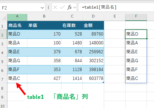 テーブルの列を参照してスピルさせる